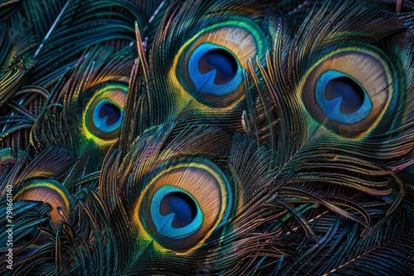 Fototapeta Vibrant Peacock Feathers Texture in High-Resolution Detail