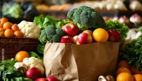 Fototapeta A big brown grocery bag holds a variety of fruits and vegetables: apples, oranges, broccoli, mushrooms, nuts, cauliflower, and more. The array promotes their health benefits enticingly.