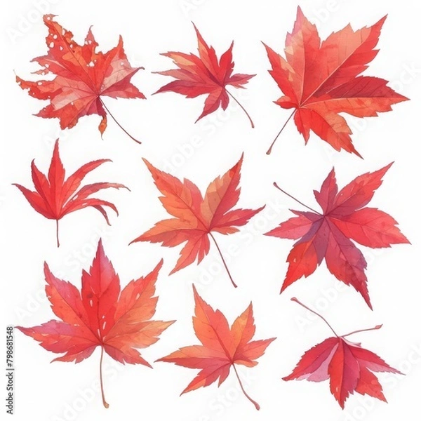 Fototapeta Colorful autumn maples, leaves turning vivid shades of red and orange, detailed in seasonal splendor, isolated on white background, watercolor