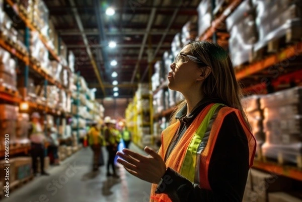 Fototapeta A focused warehouse worker engages in logistics planning in a busy distribution center environment