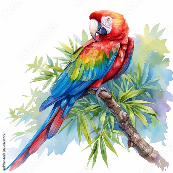 Fototapeta Colorful parrot perched, feathers a vibrant display of nature s palette, detailed and realistic, isolated on white background, watercolor