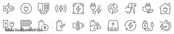 Fototapeta Line icons about battery charging. Contains such icons as charger, ev charger station, power bank and more. Editable vector stroke. 512x512 Pixel Perfect in transparent background.