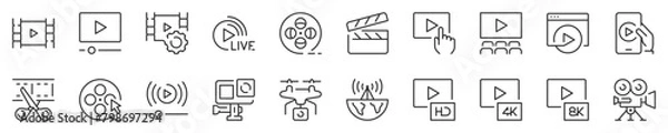 Fototapeta Line icons about video. Contains such icons as broadcast, live, production and more. Editable vector stroke 1 of 2 sets. 512x512 Pixel Perfect in transparent background.
