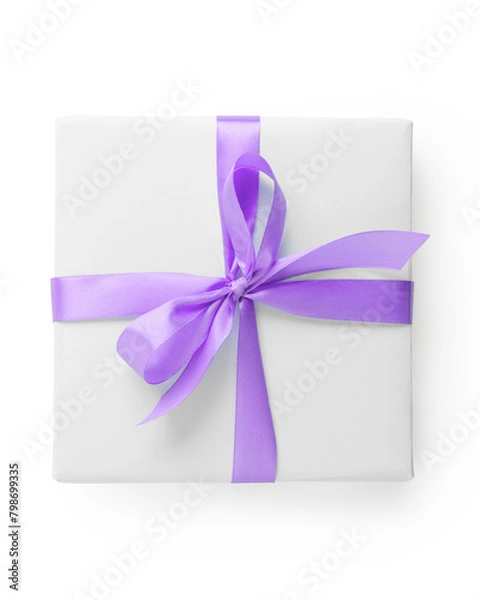 Fototapeta Top view of white paper present box with lavender ribbon isolated on white background