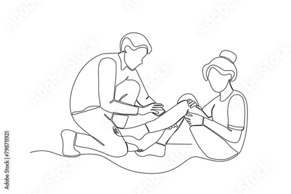 Fototapeta Single continuous line drawing of Neighbors who help when someone falls. Having small talk, concept one line draw graphic design vector illustration.
