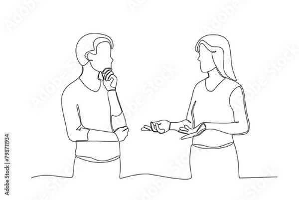Fototapeta Single continuous line drawing of Neighbors who help when someone falls. Having small talk, concept one line draw graphic design vector illustration.
