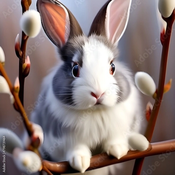 Obraz Gray fluffy rabbit among willow branches with fluffy buds