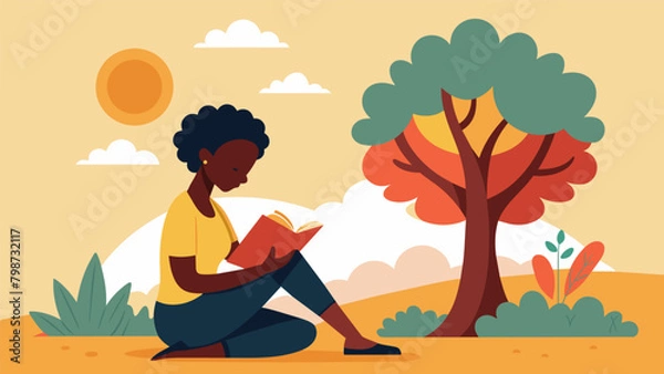Fototapeta A woman sits under a tree the sun shining down on her as she reads aloud from a book filled with narratives of escaped slaves highlighting the bravery. Vector illustration