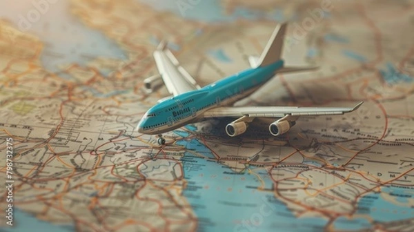 Obraz 地図の上の飛行機の玩具、旅行を計画するイメージ
