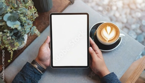 Fototapeta Tablet held by Man in a Cafe - Mockup for Application or Web Design - Template for Presentation of Graphic Design - Corporate Representation at Consumers