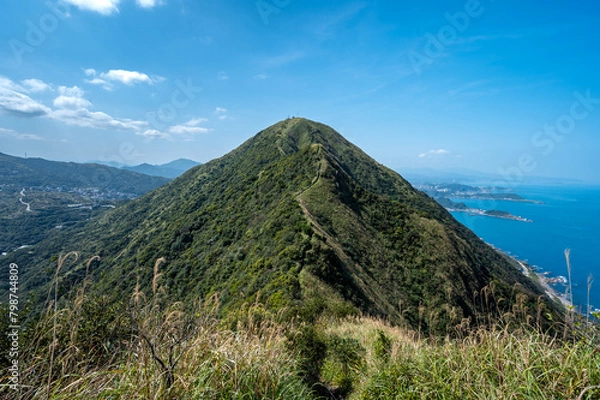 Obraz Views of ridge trail to Keelung mountain east peak, whole mountain covered by green plants and miscanthus, in Jinguashi, New Taipei City, Taiwan.