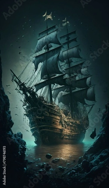 Fototapeta A Majestic Ship Sailing on the Ocean Waves under a Silver-Glowing Full Moon
