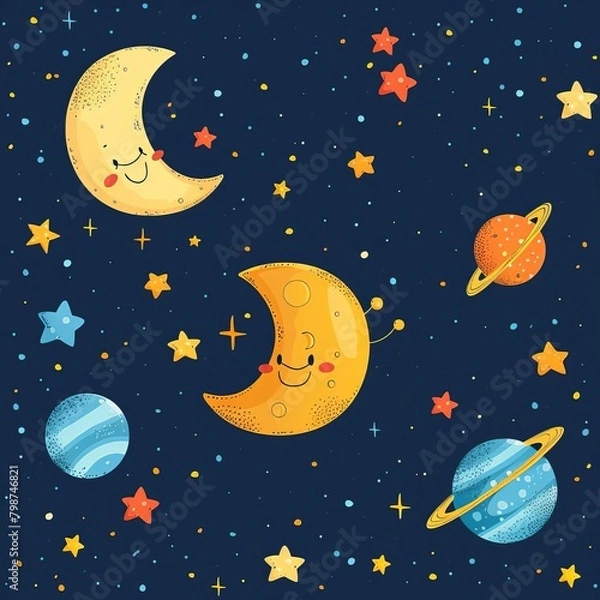Fototapeta Whimsical outer space scene featuring cartoonstyle planets, stars, and a smiling crescent moon against a dark blue background