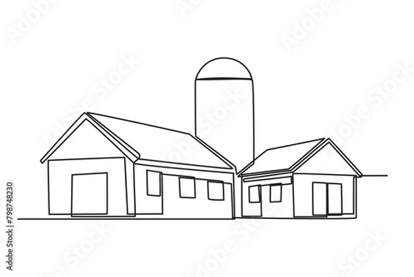 Obraz Single continuous line drawing of the Farm shed. Successful farming minimalism concept. Dynamic one line draw graphic design vector illustration.
