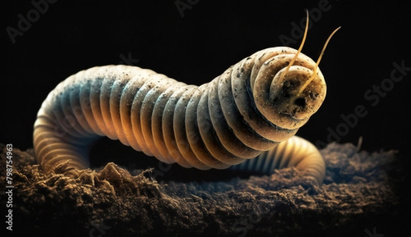 Fototapeta Macro earthworm on a dark background close-up. AI generated.