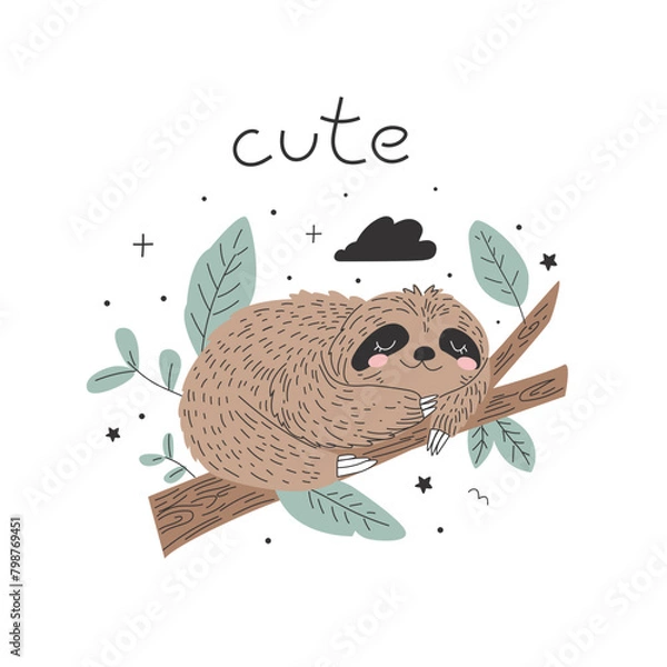 Fototapeta Cute sloth on a white background. Vector illustration for printing. Cute children's background