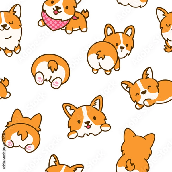 Fototapeta Cute kawaii corgi dog. Seamless pattern. Funny puppy cartoon animal characters. Hand drawn style. Vector drawing. Design ornaments.