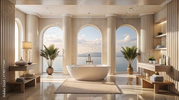 Fototapeta зображення сучасної ванної кімнати з великим вікном, що відкривається на море. Вікно надає чудовий краєвид, створюючи атмосферу затишку та розкоші. Підійде для демонстрації модерного дизайну ванної з 