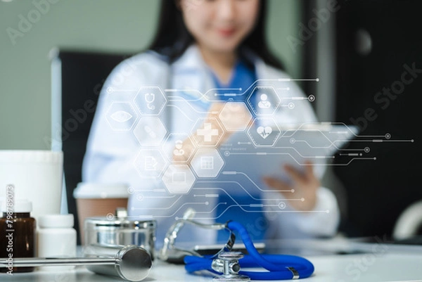 Fototapeta Doctor using clipboard and digital tablet find information patient medical history at the hospital. Medical technology concept.