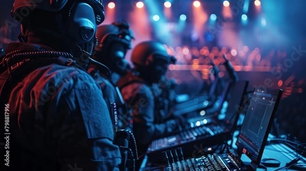 Fototapeta Detail of a security team's coordinated effort at a concert, close-up on equipment and teamwork in action