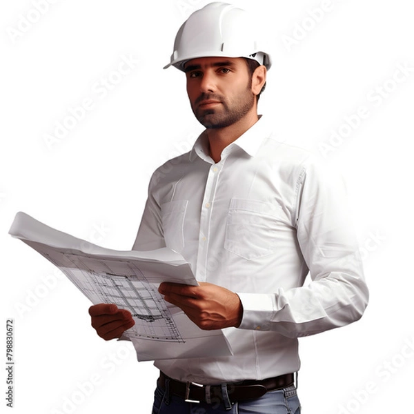 Fototapeta A project manager with a hard hat and blueprints, planning the next move, on a transparent background.