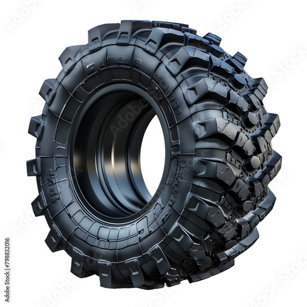 Fototapeta A heavy-duty truck tire, designed for rugged terrains, shown on a transparent background.