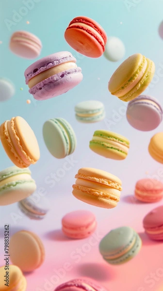 Fototapeta Colorful macarons floating in mid-air, vividly captured in a food photography style against a pastel rainbow backdrop, showcasing the vibrant variety and delicate texture of these French confections.
