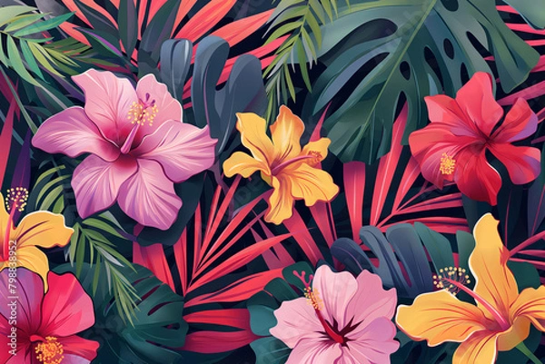 Fototapeta Photograph of vibrant tropical flowers and leaves against a dark background. Ideal for illustrating exotic beauty and contrast in nature. Generative AI.