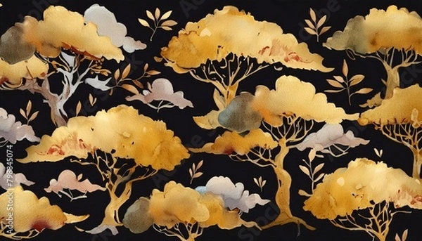 Obraz 黒背景に和風の金色の抽象的な水彩模様の背景