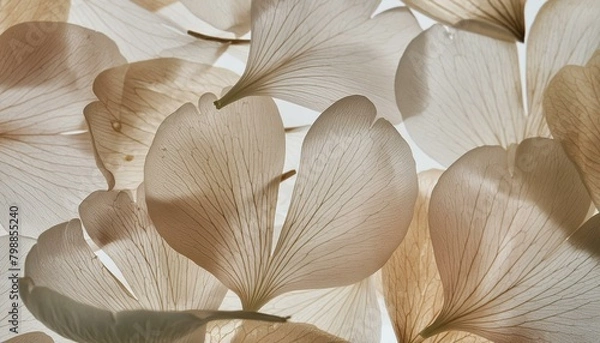 Fototapeta Nature abstract of flower petals, beige transparent leaves with natural texture as natural background or wallpaper. Macro texture, neutral color aesthetic photo with veins of leaf, botanical design