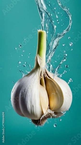 Fototapeta A vegetable poster, Some garlic, A splash of water.