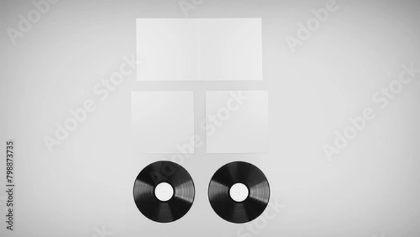 Fototapeta White Vinyl Record Mockup, Blank record album with CD/DVD/Bluray Disk 3d rendering isolated on light background	