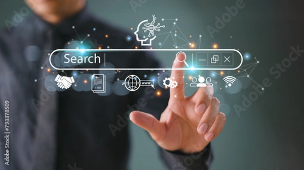 Obraz SEO Search Engine Optimization concept. Businessman touch AI, SEO icon on websites to rank search engines or SEO. Search with Ai assistant, search on screen. Artificial Intelligence data technology