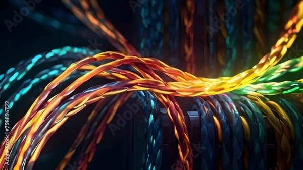 Fototapeta Glowing data cables transferring information background with light effect 