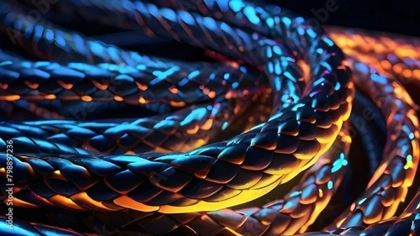 Fototapeta Glowing data cables transferring information background with light effect 