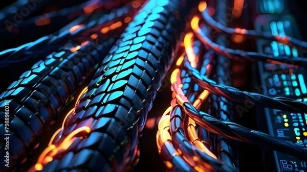 Fototapeta Glowing data cables transferring information background with light effect 