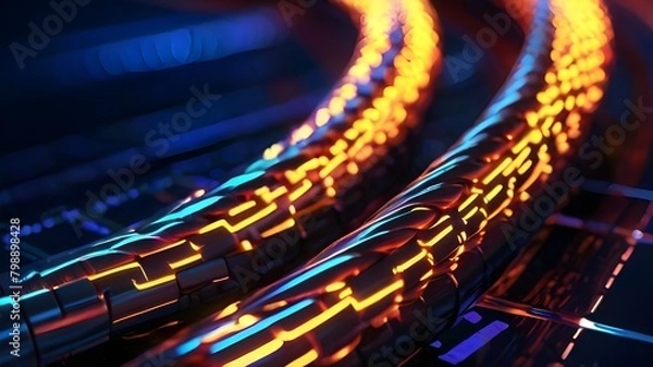 Fototapeta Glowing data cables transferring information background with light effect 