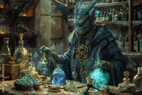 Obraz A naga alchemist in its laboratory surrounded by bubbling potions and strange glowing crystals