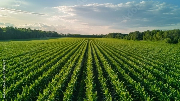 Fototapeta Aerial view of a corn plantation, showing the expansive rows for animal feed production.