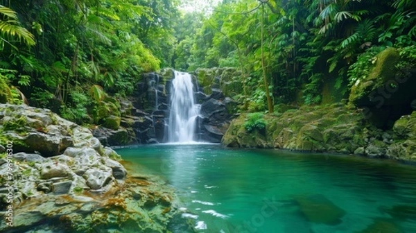Fototapeta A picturesque tropical waterfall cascading down mossy rocks into a crystal-clear pool surrounded by lush vegetation.