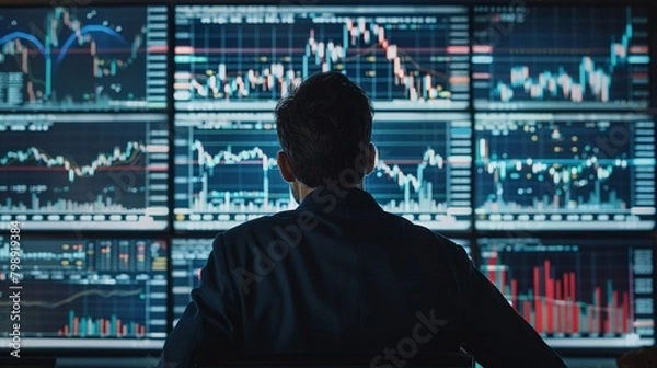 Obraz A strategic view over a traders shoulder, focusing on a screen filled with candlestick charts, mapping the terrain of stock trading graphs