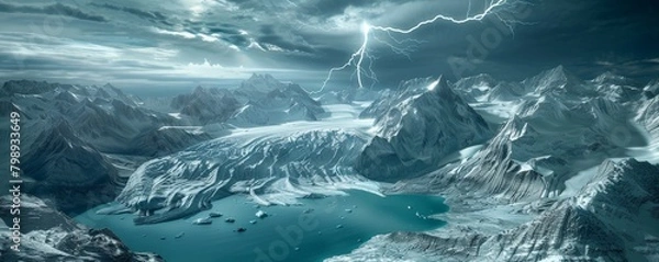 Fototapeta A dramatic aerial view of a glacier calving into a turquoise glacial lake surrounded by snowcapped mountains under a stormy sky with streaks of lightning 