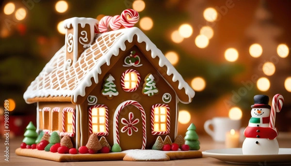 Fototapeta A gingerbread house surrounded by holiday decorations on a rustic Christmas table