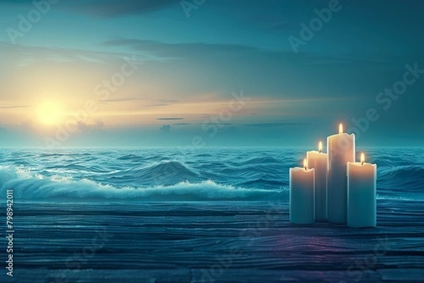 Obraz Seaside Serenity with Multiple Candles at Sunset