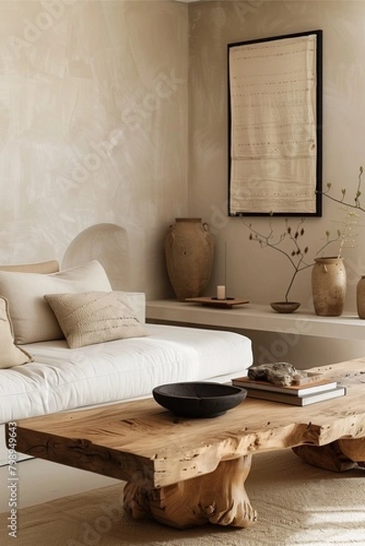 Fototapeta A minimalist living room featuring a wooden coffee table, neutral tones, and decorative vases, creating a serene and inviting atmosphere.