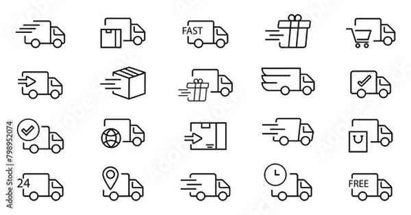 Obraz Fast moving shipping delivery truck line art vector icon for transportation apps and websites icon set 