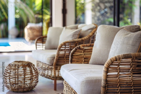 Fototapeta The woven texture of rattan, a natural material on furniture and decor. Rattan textures add warmth and texture with a hint of tropical flair