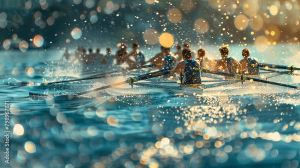 Fototapeta Rowing regatta with azure particles shimmering against a blurred backdrop, reflecting the precision and teamwork of rowers gliding across the water.