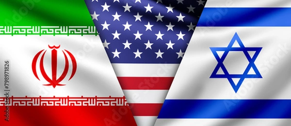 Obraz Flags of Iran and Israel. USA national banner. Concept of America participation in conflict in middle east. Negotiations between Israel and Iran. USA participation in international conflict. 3d image