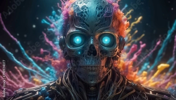 Obraz Abstract Human Skull in The Quantum World of Subatomic Debris, with a Splash of Coloration and Complex Patterns. Turbulent Waves of Particles. Explosive Surreal Colors Background.